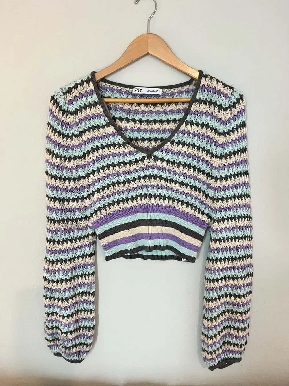 Zara, Y2K Cropped Multi Colored Striped Open Knit V-Neck Sweater,Boho,Festival,L